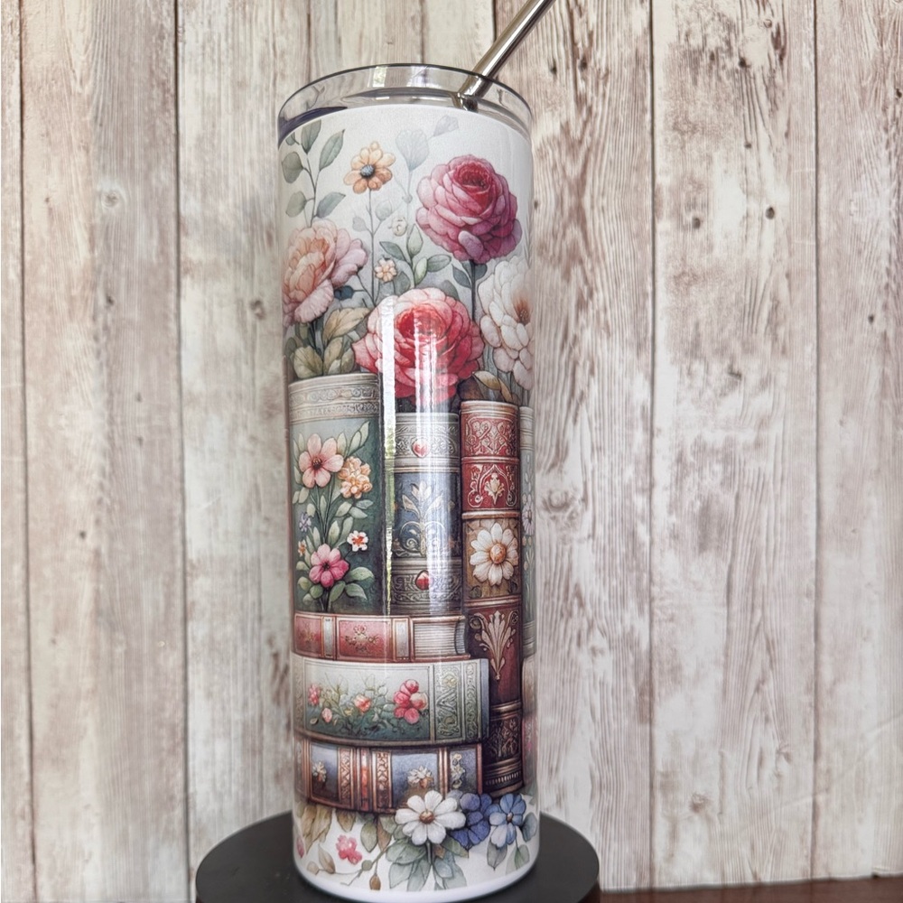 Floral Book Stack Tumbler with Straw